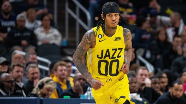 Utah Jazz guard Jordan Clarkson (00) after a made shot in the second half against the Indiana Pacers at Gainbridge Fieldhouse.